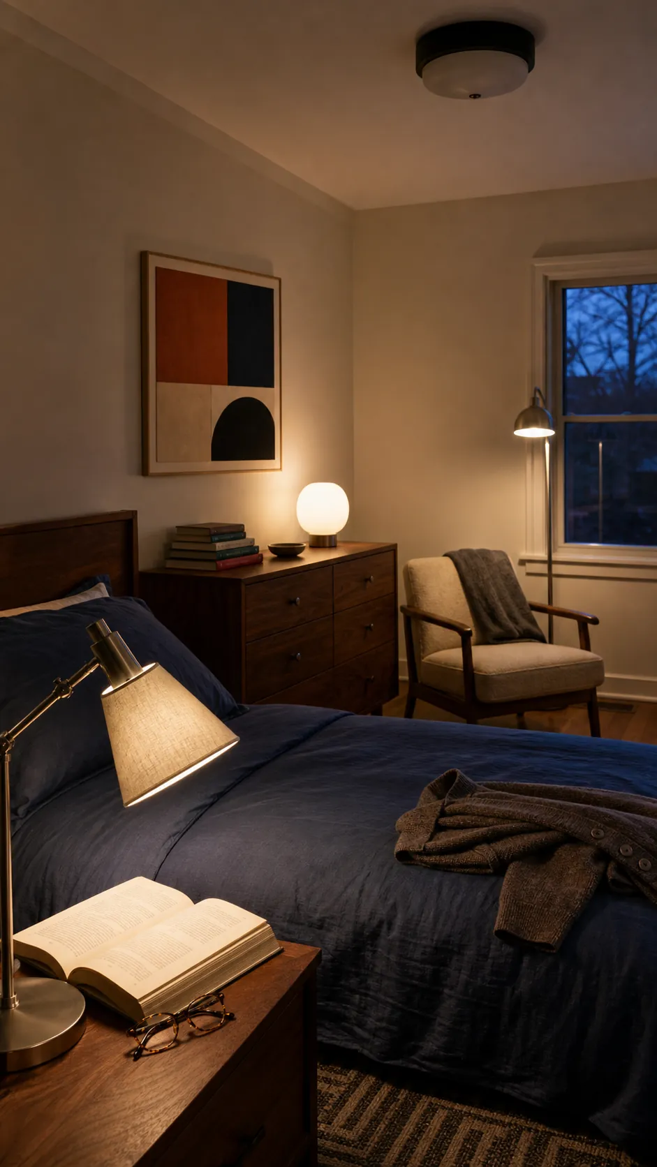 Cozy bedroom using layered warm bedside and floor lighting