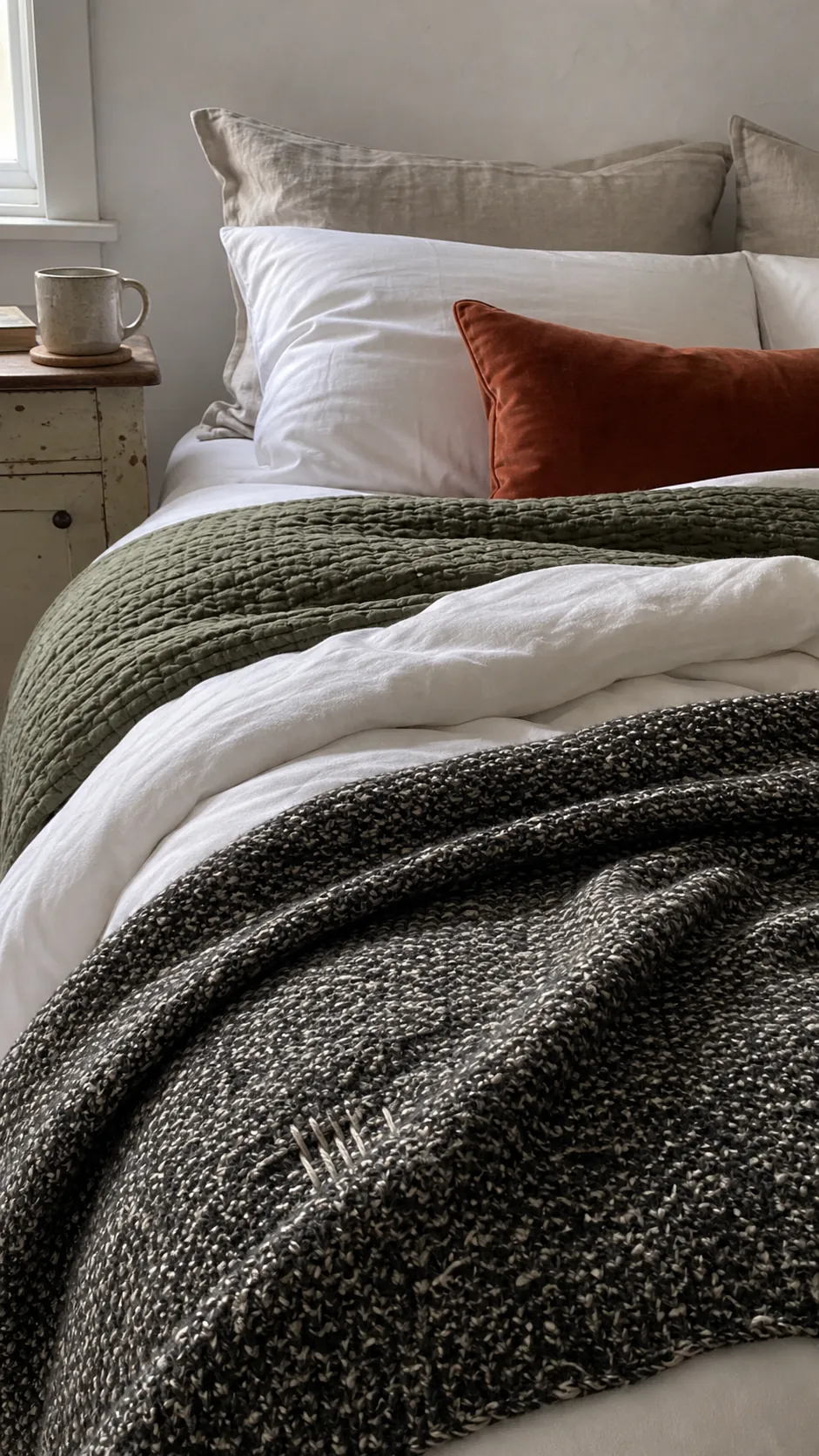 Inviting bedroom with layered linen quilt and textured throw