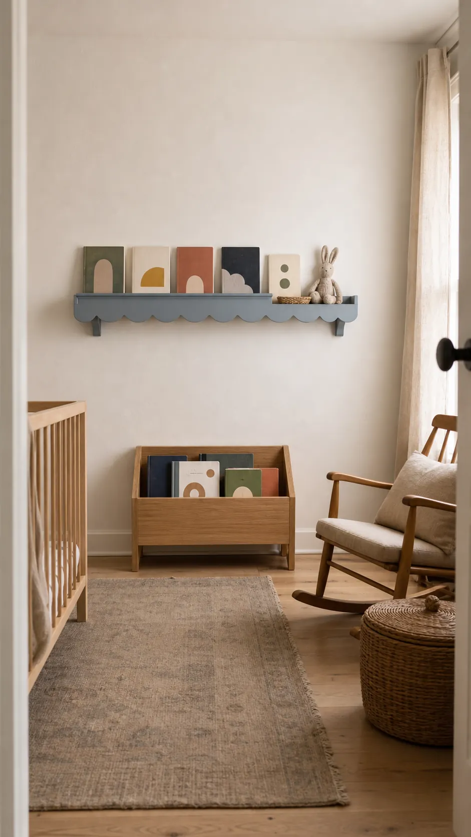Warm nursery corner with a practical scalloped shelf and books