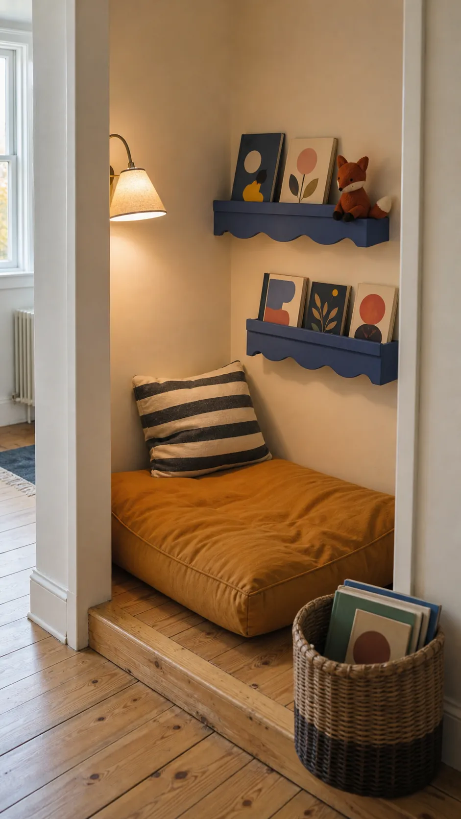 Cozy kids reading nook with paired blue scalloped shelves