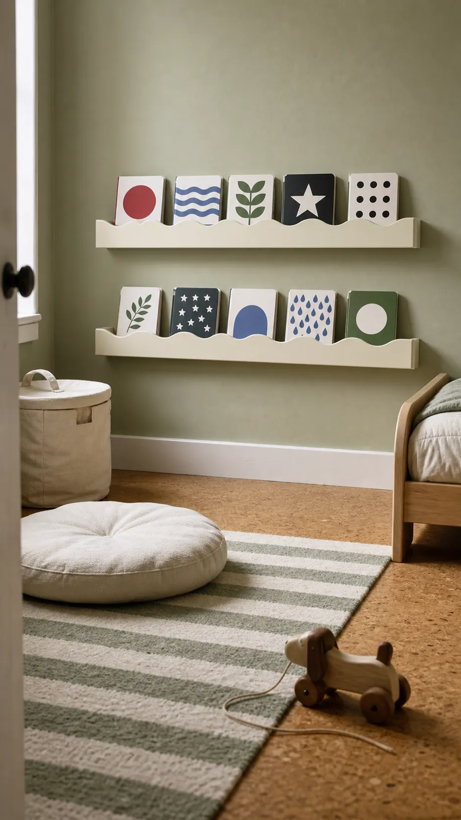 Low scalloped book shelves displaying picture books in a toddler room