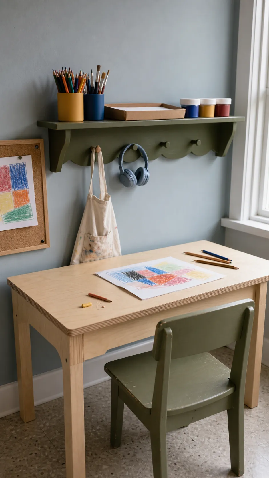 Green scalloped shelf organizing art supplies above a child size desk