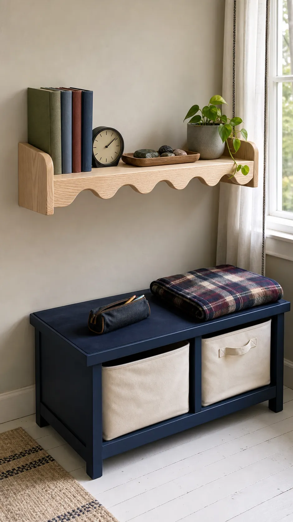 Natural wood scalloped shelf restyled for an older child's room