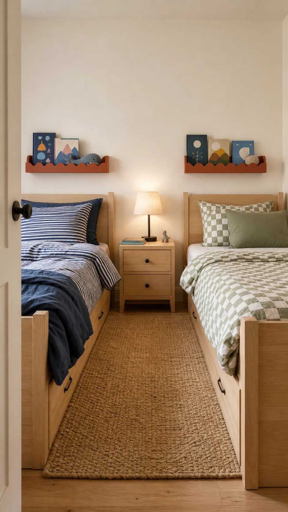 Shared kids room with matching terracotta scalloped shelves beside twin beds