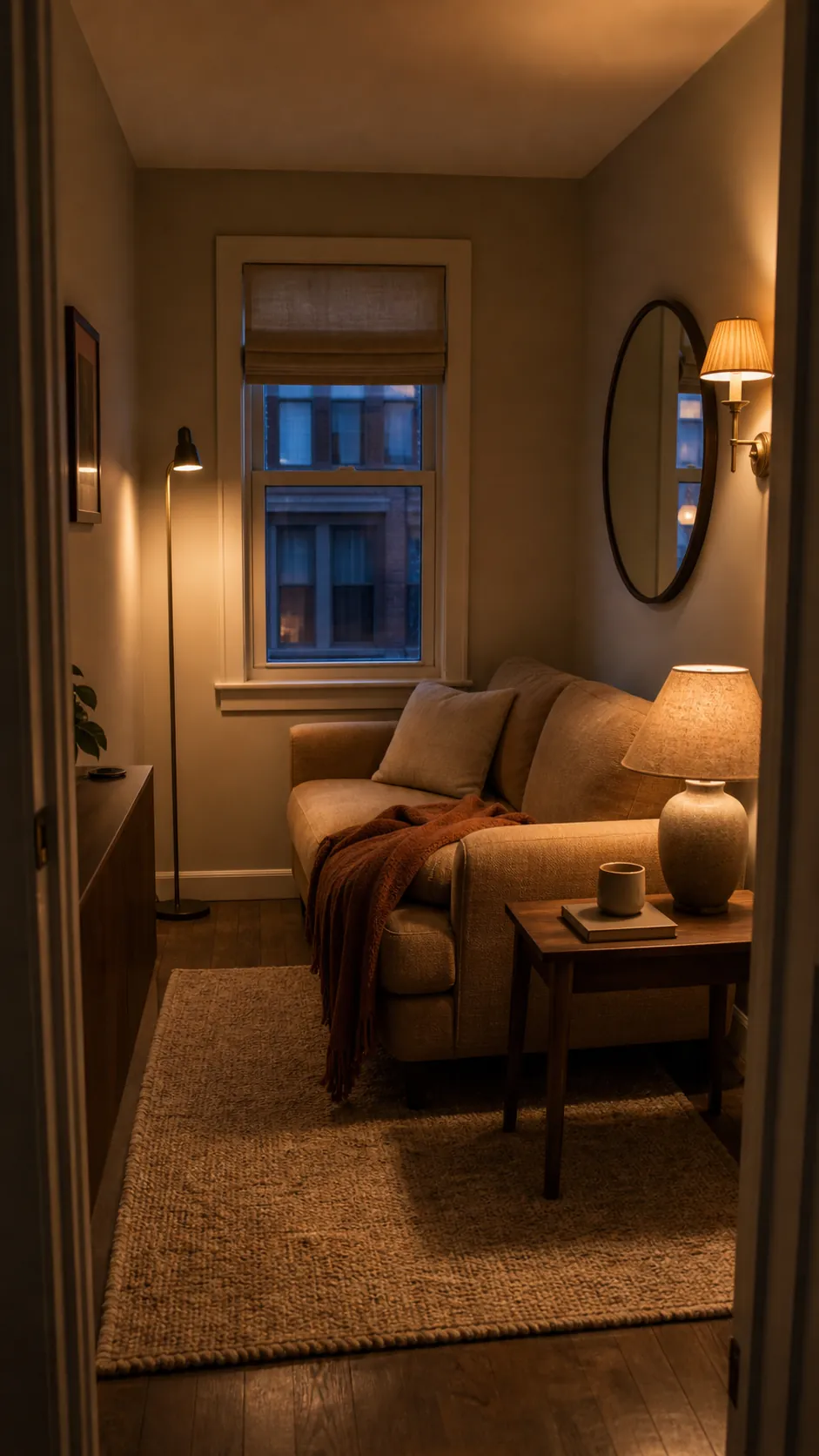 Cozy dark small room warmed by layered lamps natural wood and soft textiles