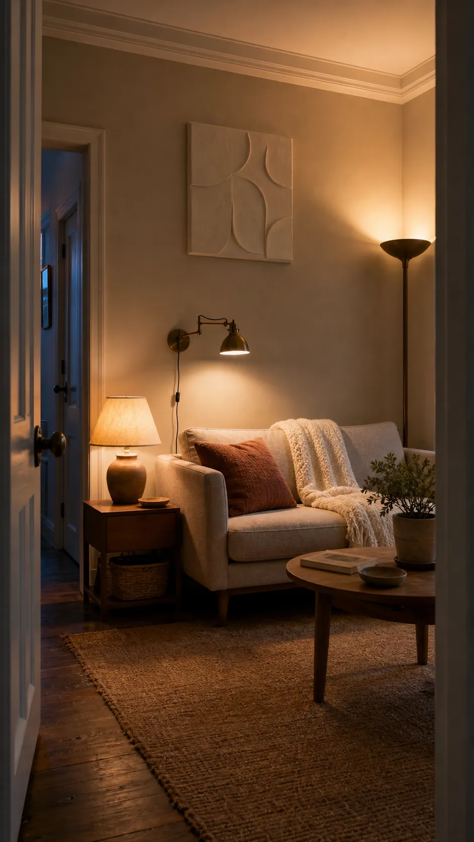 Dark small room warmed by layered floor table and wall lighting at different heights