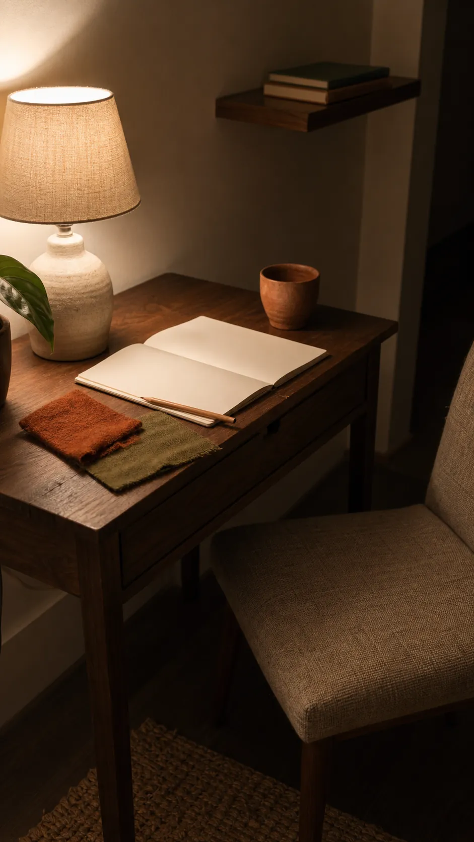 Warm high quality lamp light revealing wood linen and clay textures in a small room