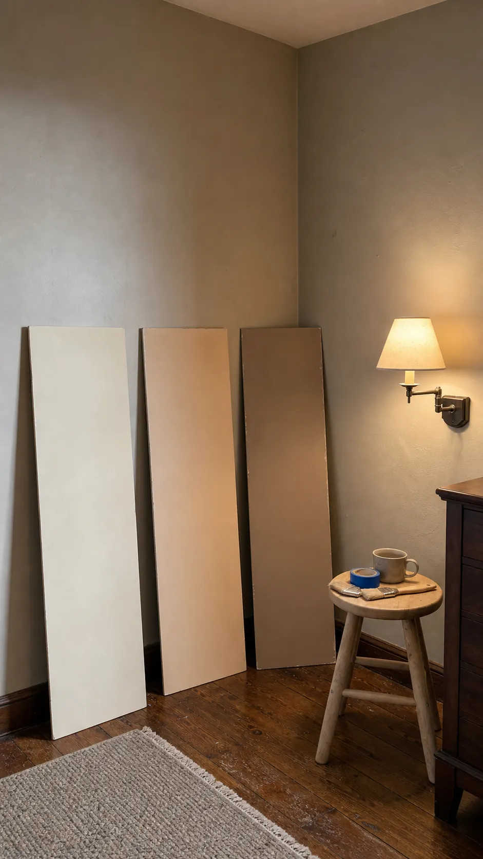 Large warm neutral wall samples tested in the darkest corner of a small room