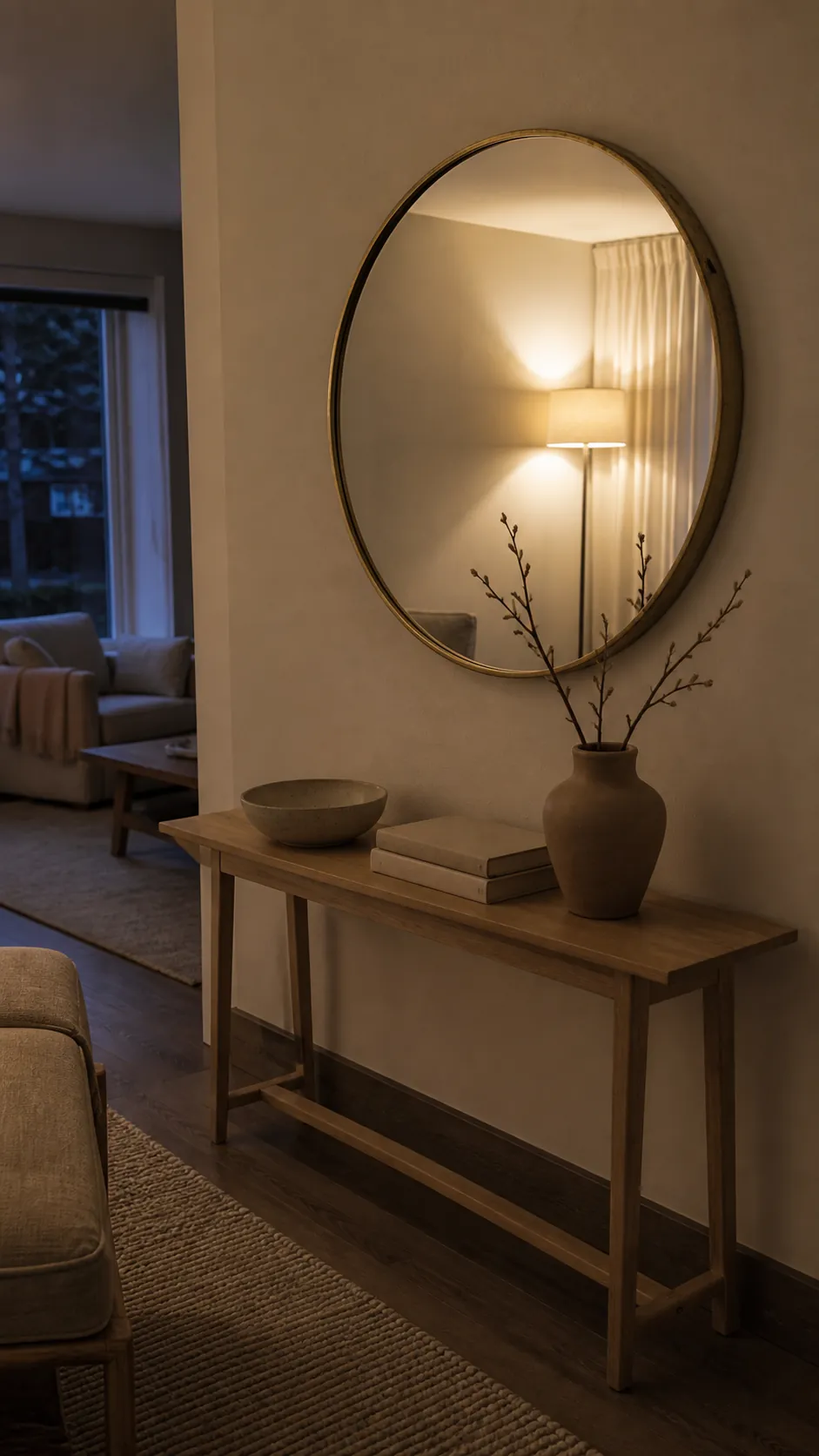 Small mirror reflecting a warm lamp washed wall in a compact dark room