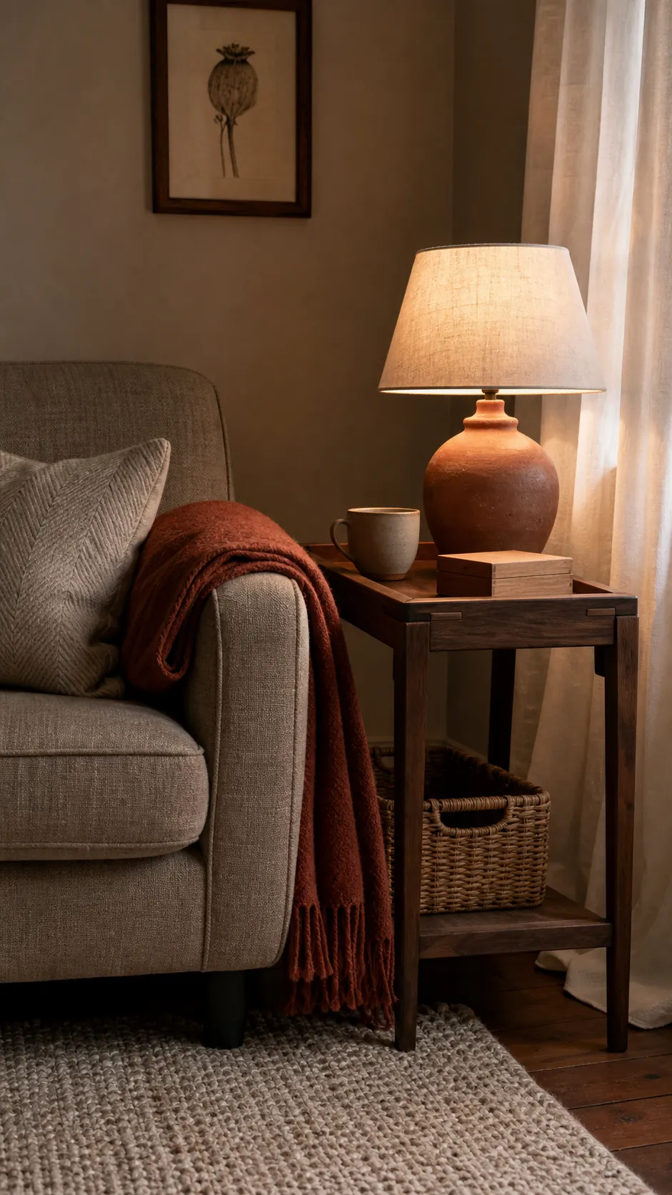 Wool wood linen and clay textures adding warmth to a dark compact room