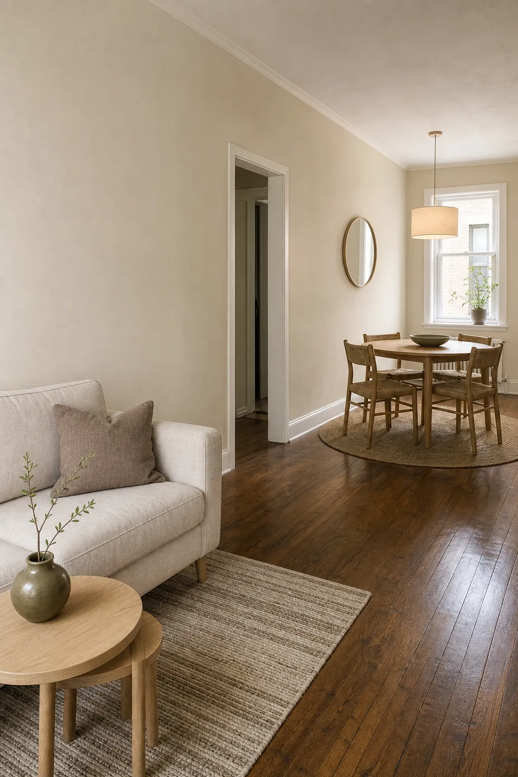 Continuous warm neutral walls flowing through a small open plan living and dining space