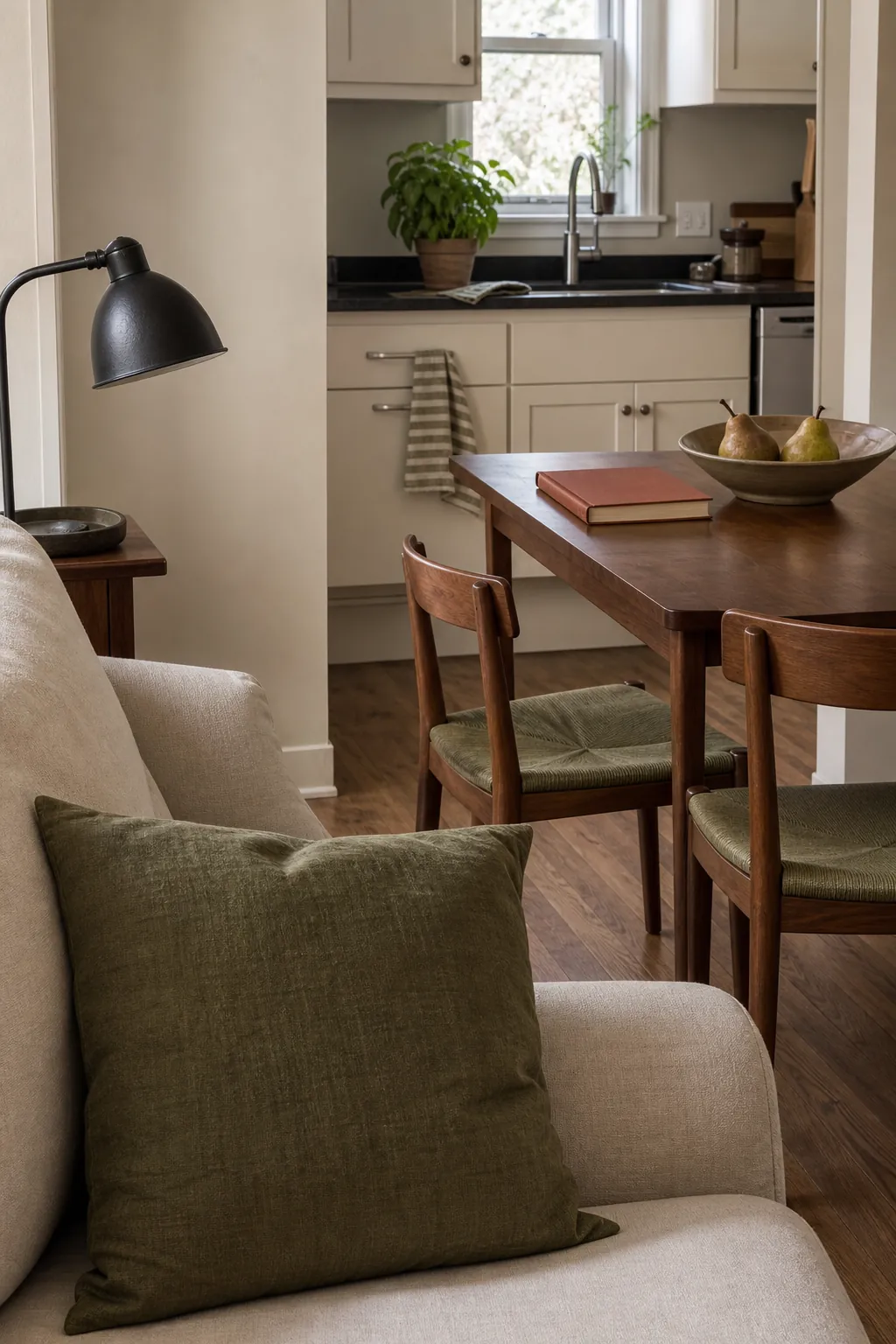 Muted olive repeated across living dining and kitchen zones in a small open concept home