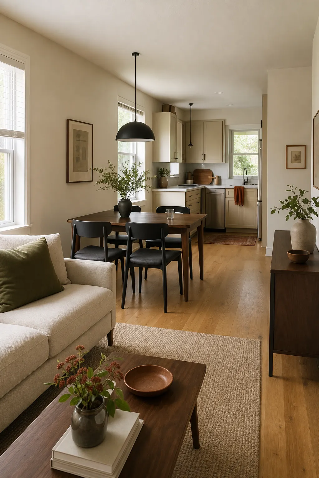 Cohesive small open plan home with cream olive walnut and rust color palette
