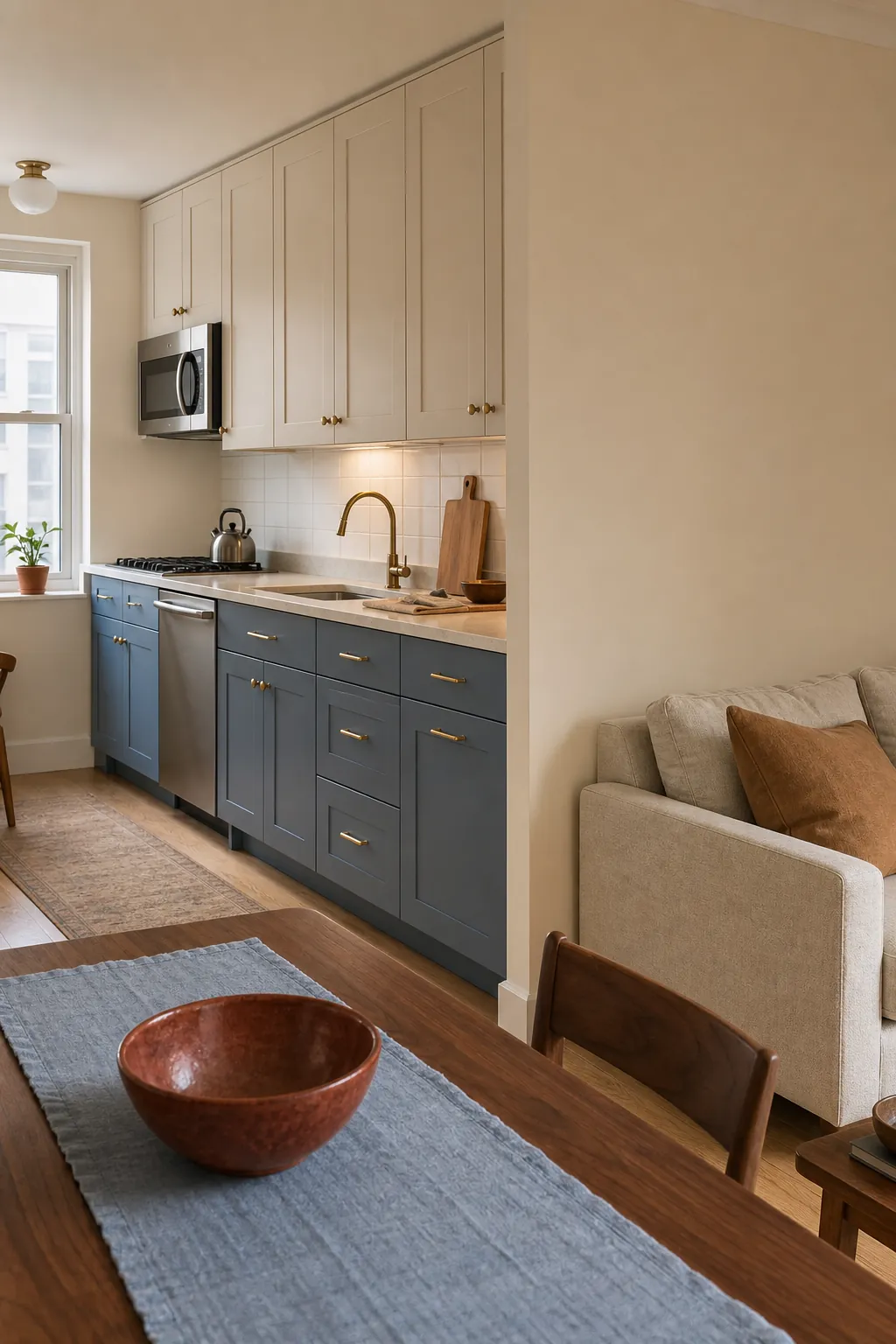 Muted blue kitchen cabinets adding defined color to a warm neutral open plan space