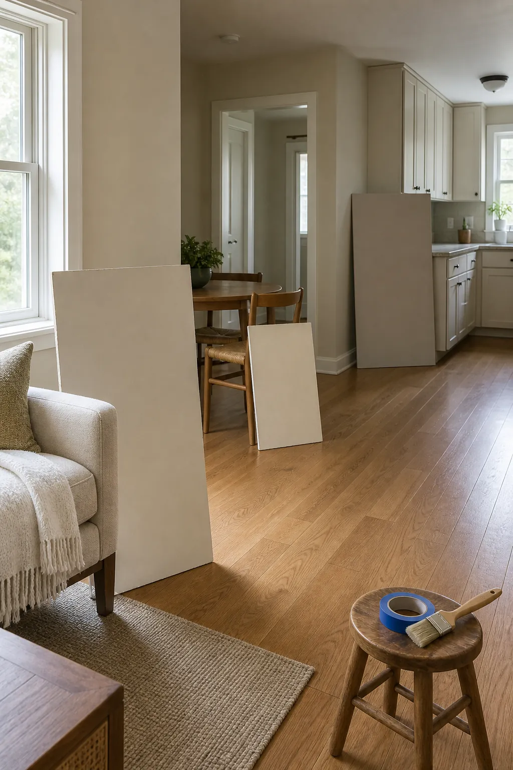 Same warm neutral paint tested in kitchen and living zones with different natural light