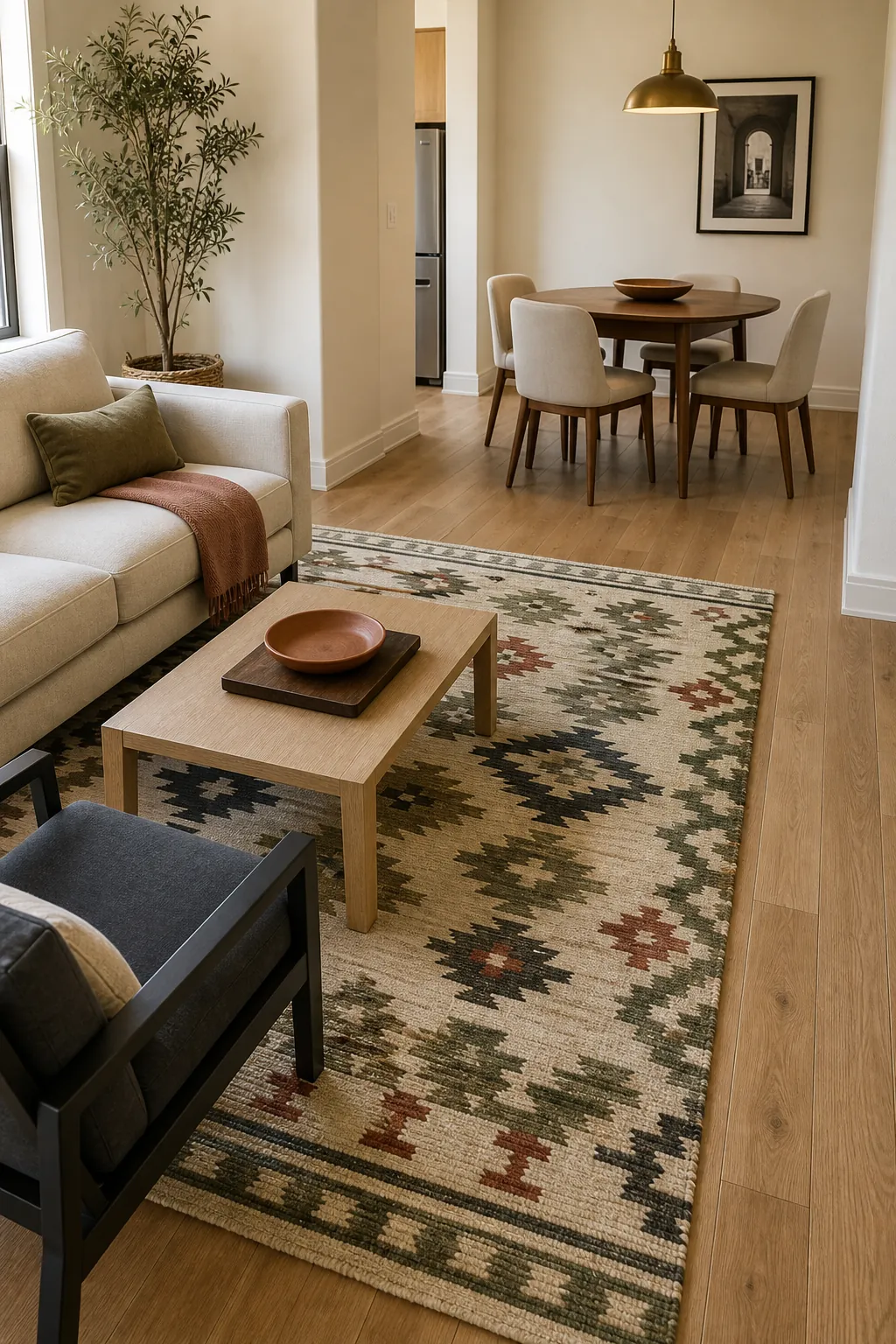 Patterned rug defining a small open plan living zone while wall color stays continuous