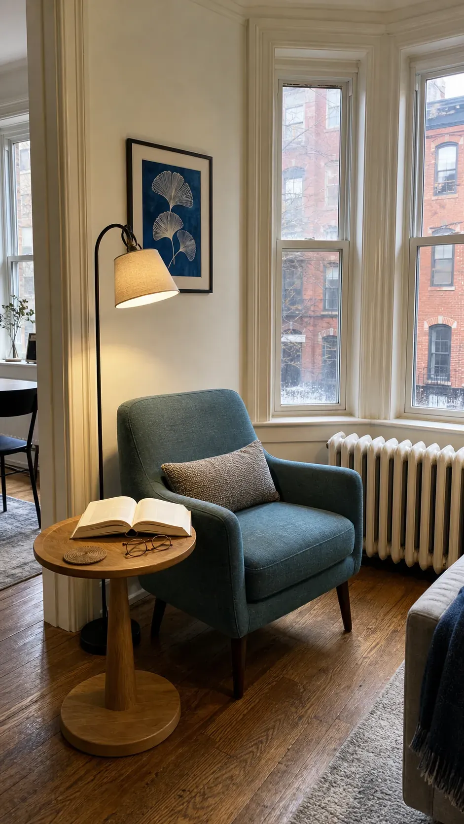 Bright empty corner turned into a compact reading seat