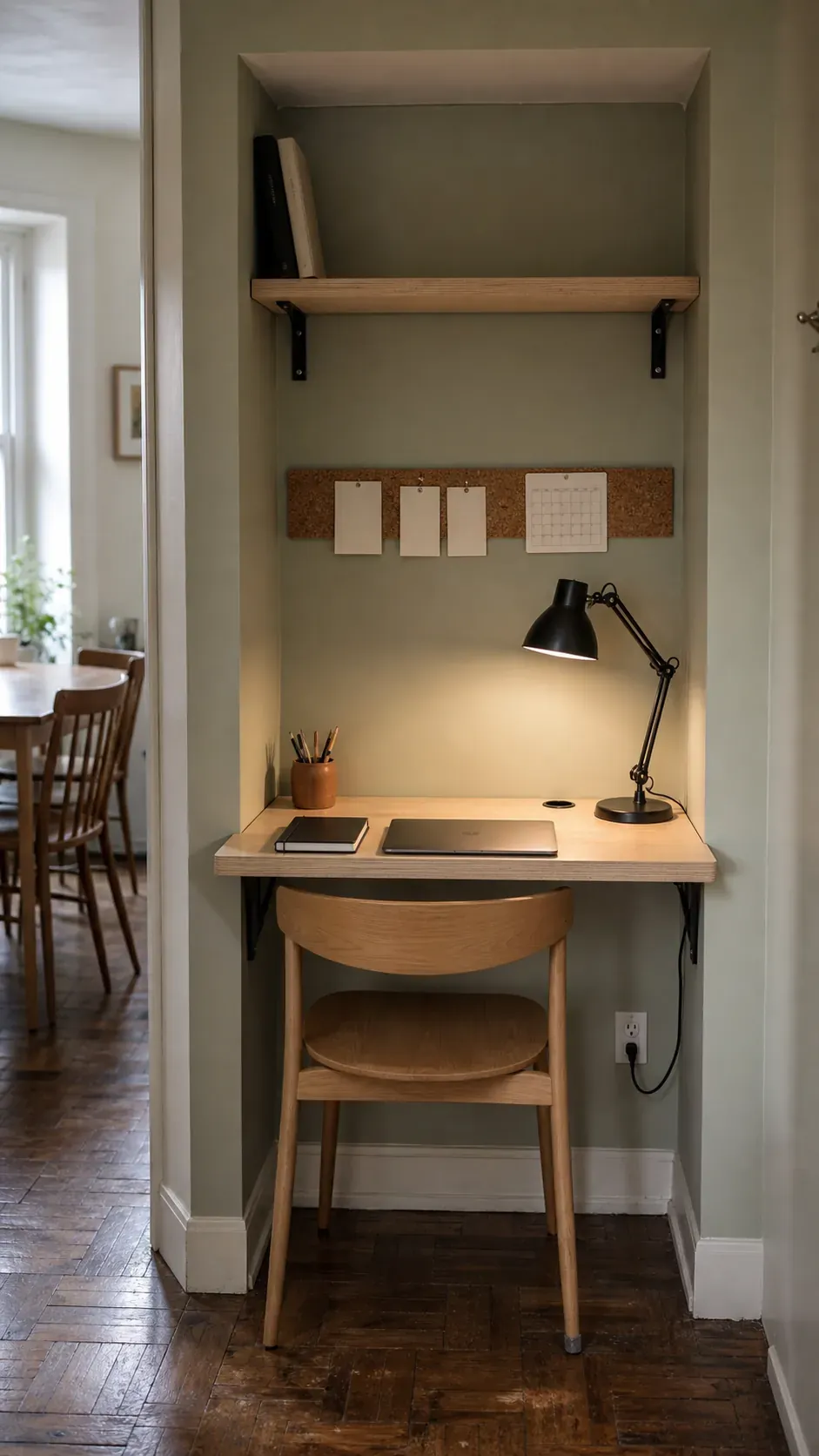 Shallow wall niche fitted with a compact floating desk