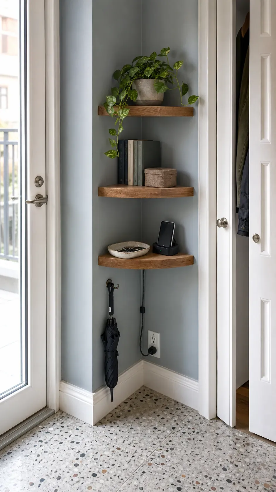 Triangular wood shelves making use of a small corner