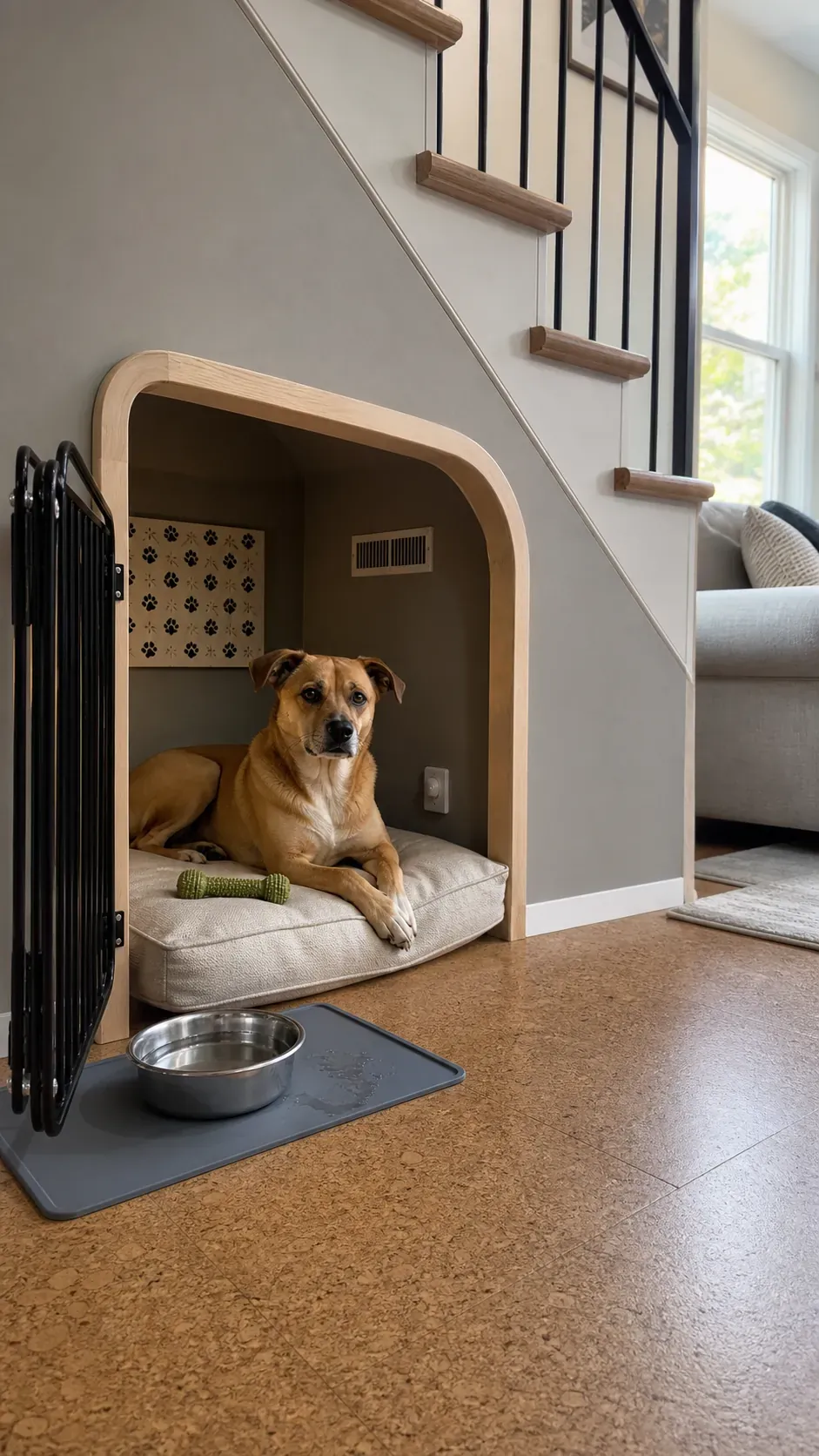Safe washable pet retreat created beneath a staircase