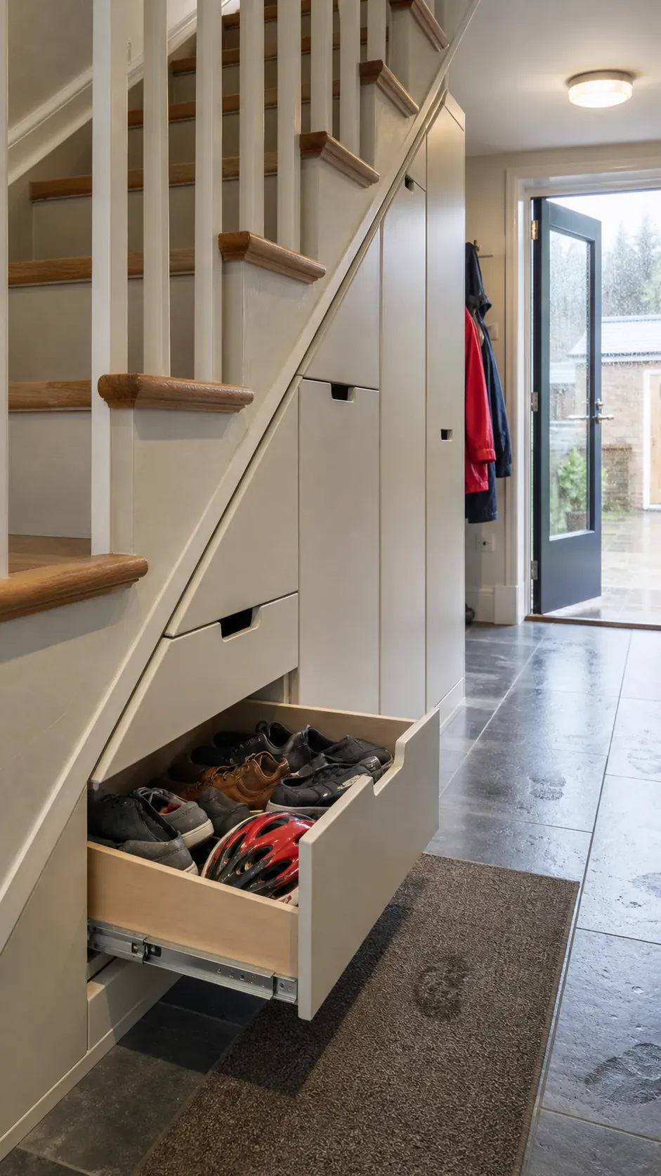 Under stairs space fitted with practical pull-out storage