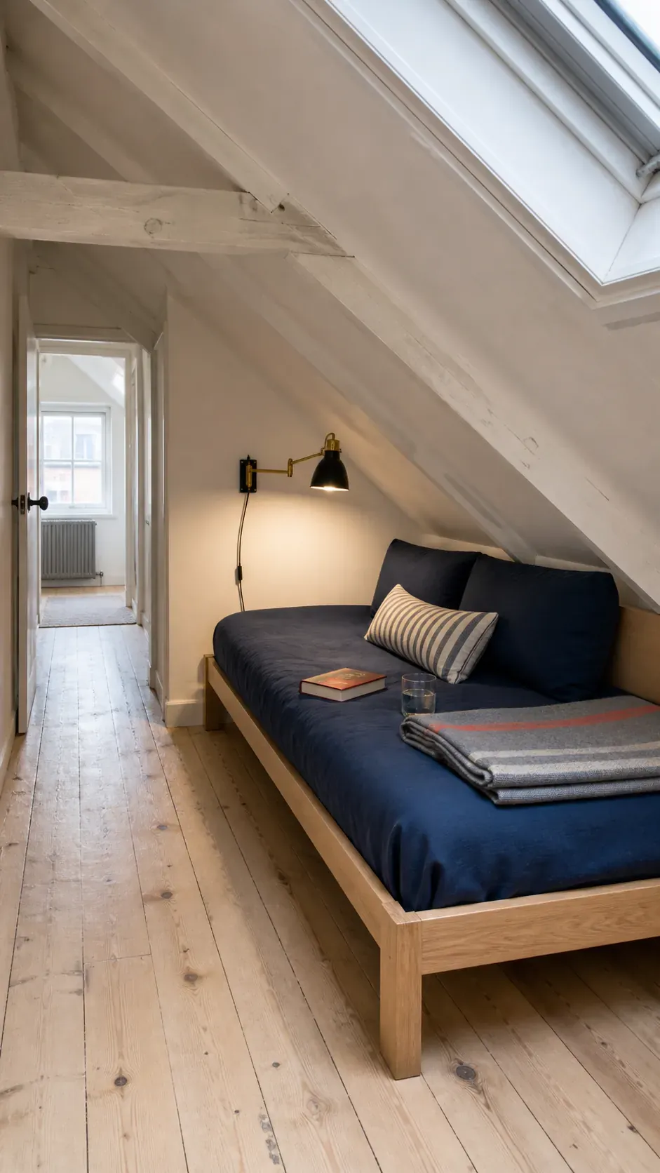 Daybed positioned safely beneath a sloped ceiling