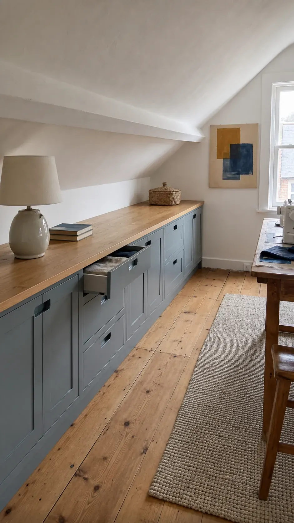 Low storage cabinets fitted along attic eaves