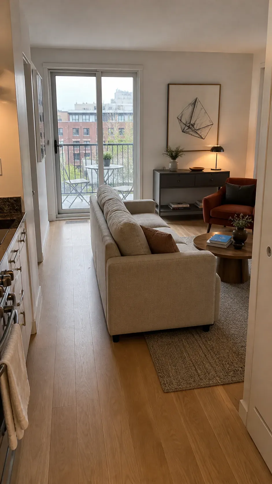 Sofa floated away from wall with a clear path behind it