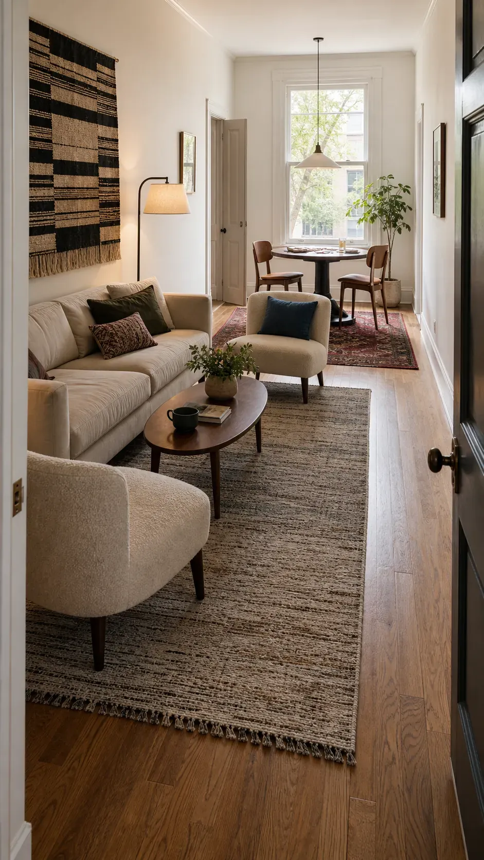 Long narrow living room divided into two functional zones