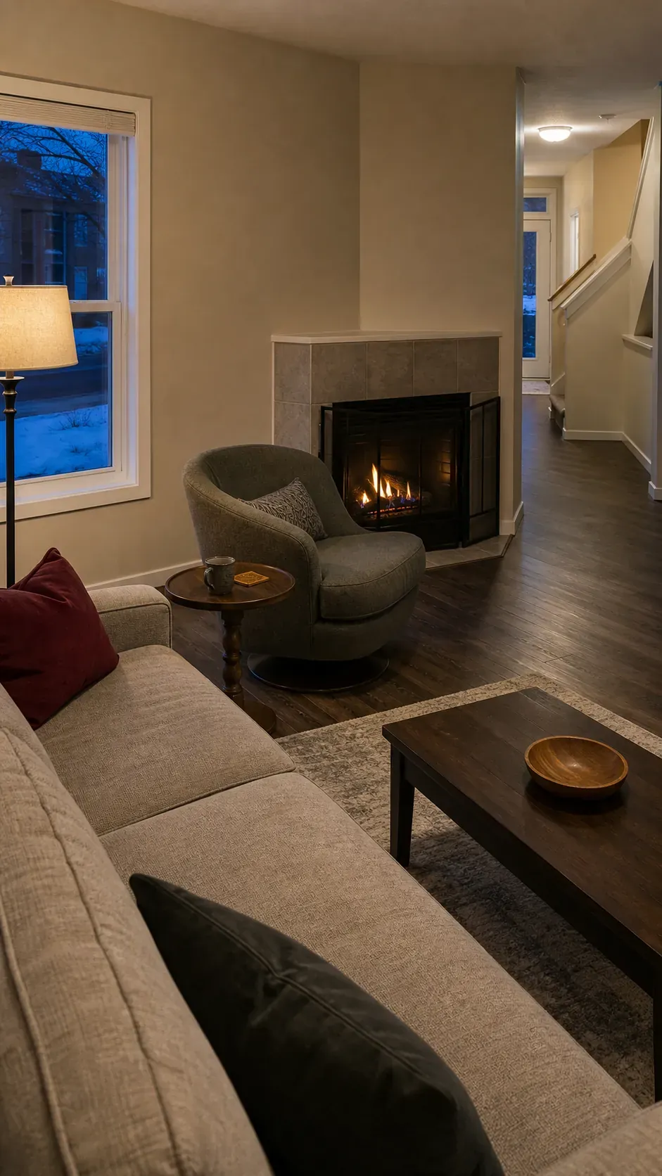 Living room arranged around an awkward corner fireplace