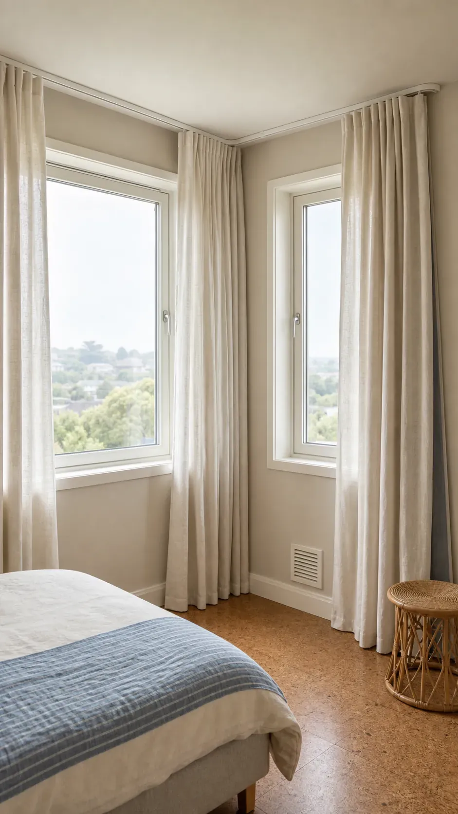 Corner windows unified by a continuous ceiling curtain track