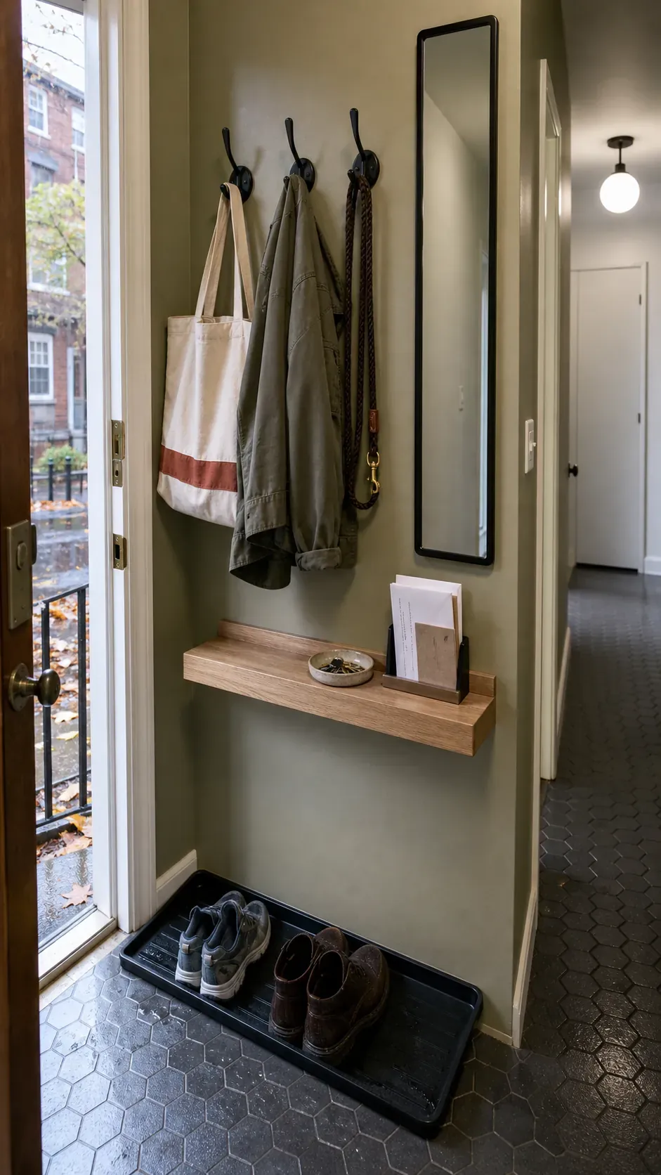 Narrow entry using a slim ledge hooks and shoe tray