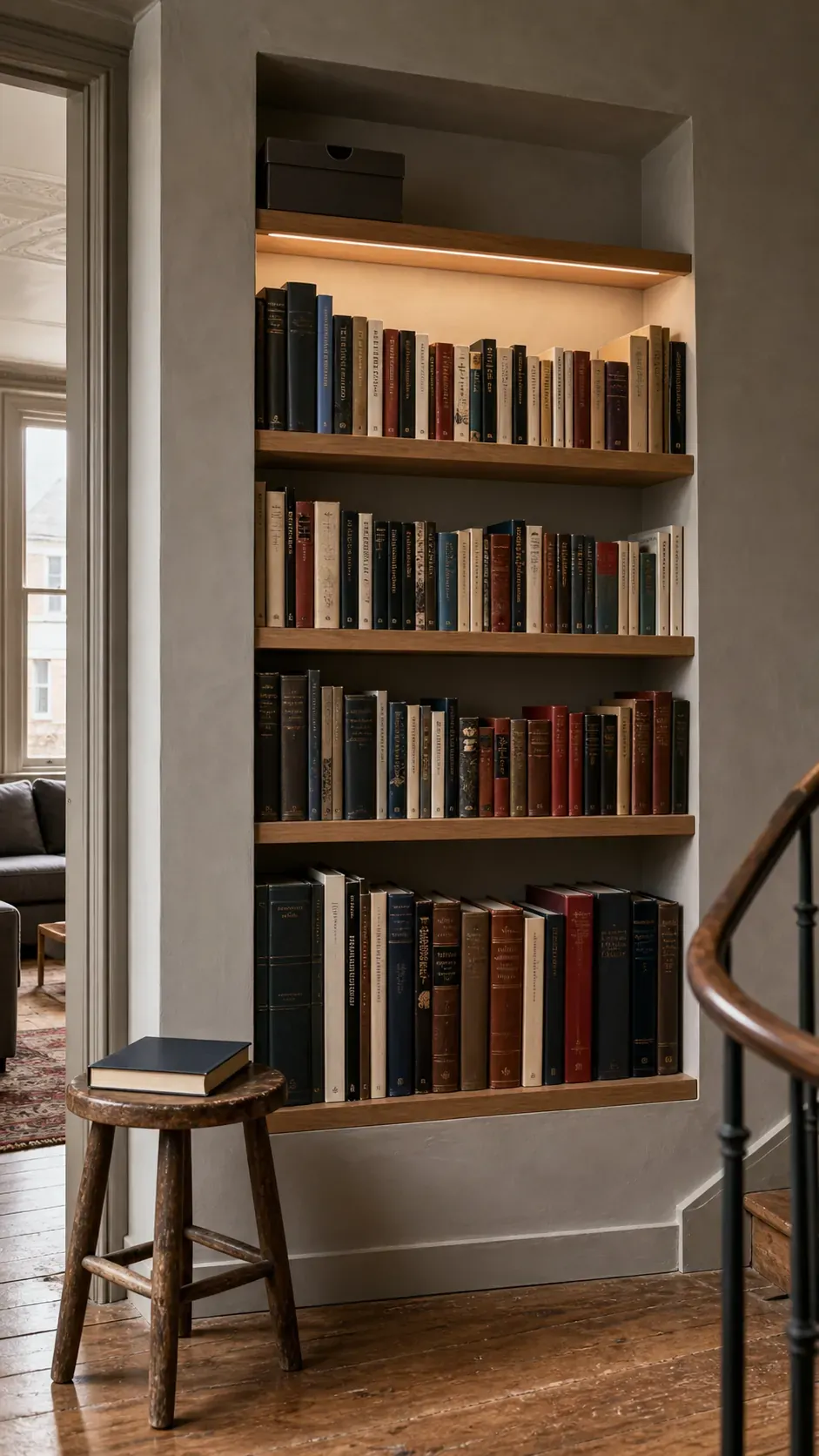 Deep wall niche converted into a compact home library