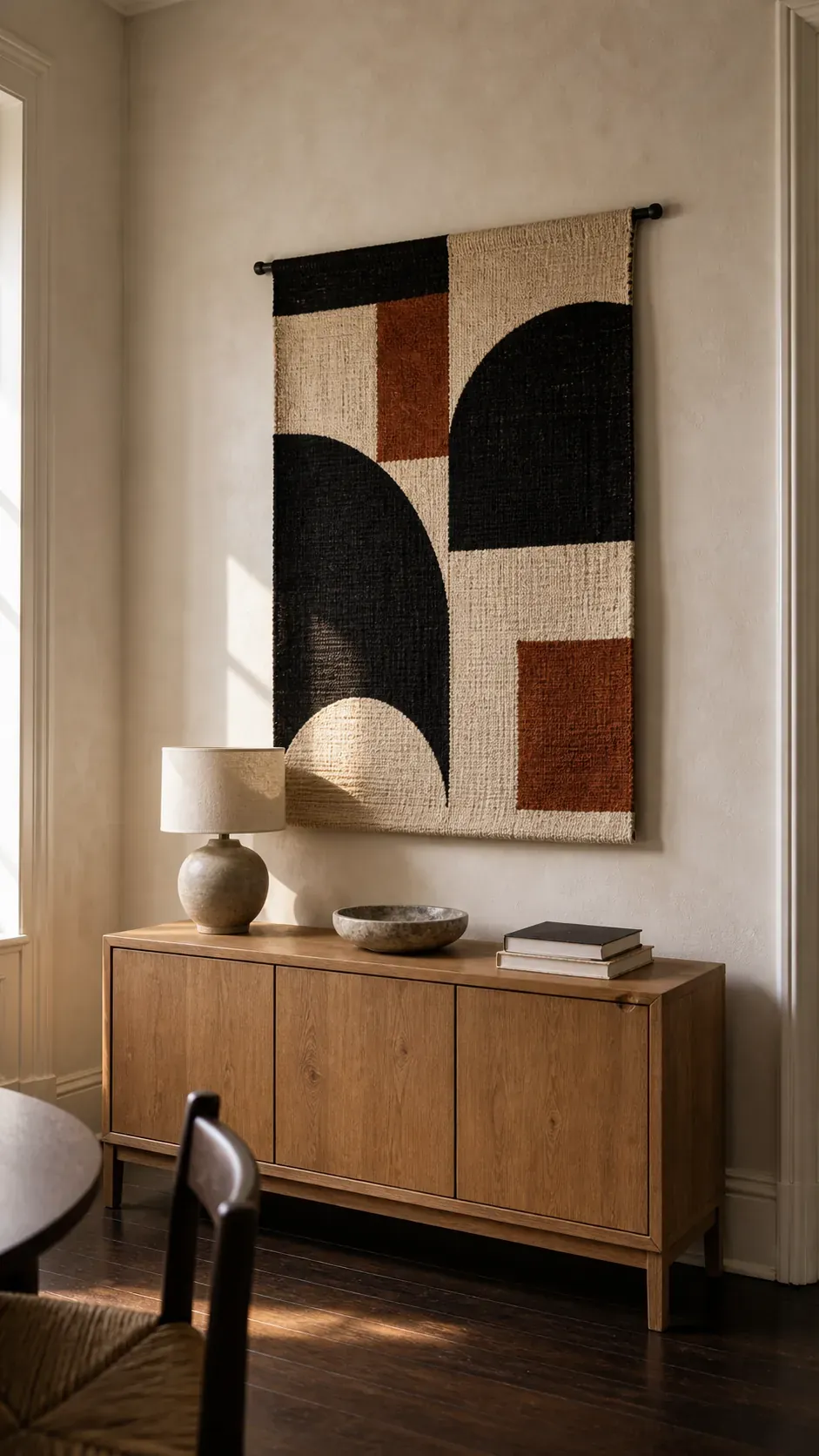 Large empty wall anchored by one correctly scaled textile