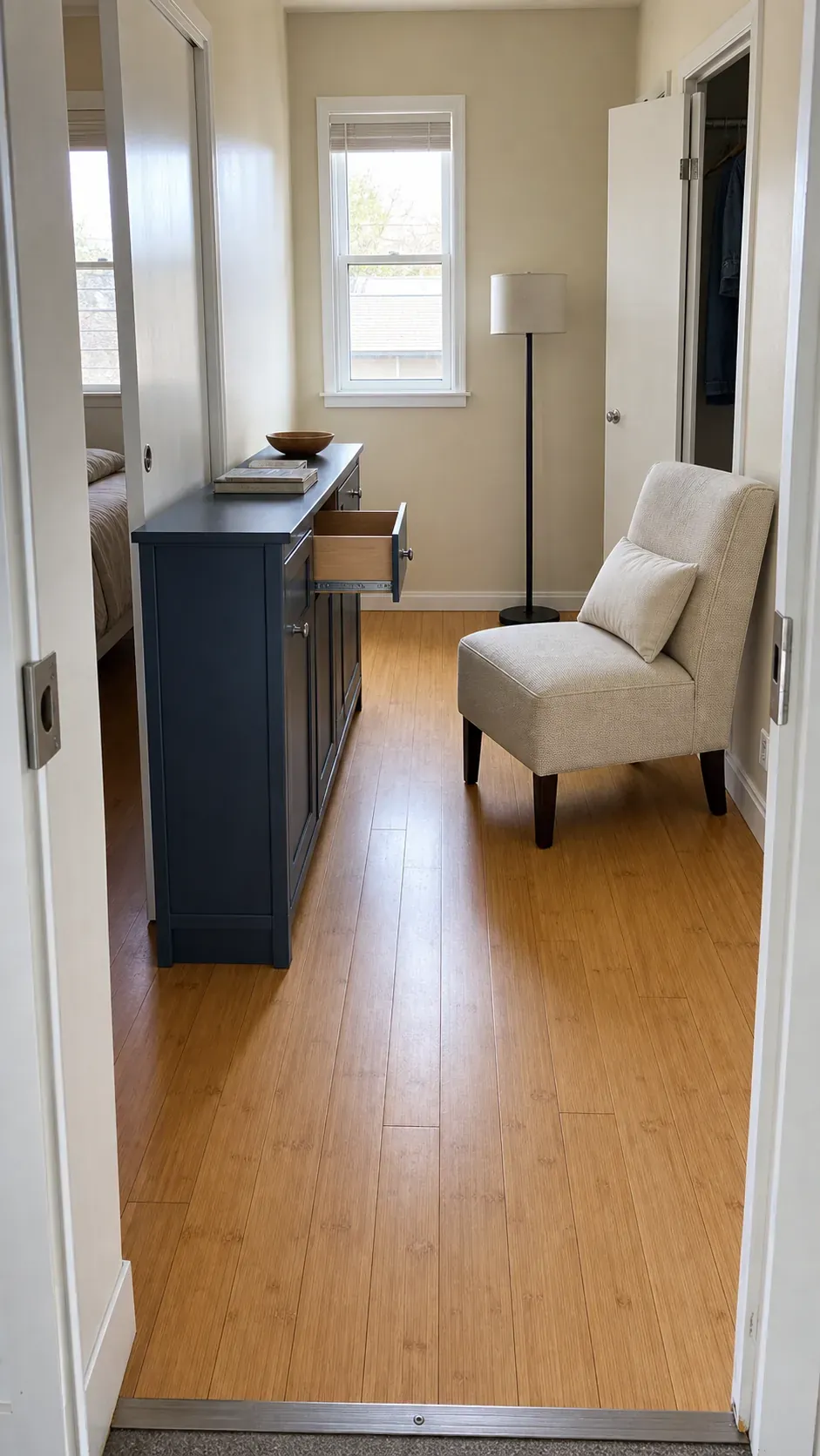 Narrow profile furniture preserving a tight room passage