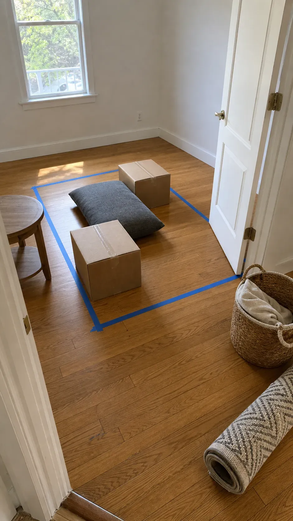 Painter tape used to test furniture footprint in a small room