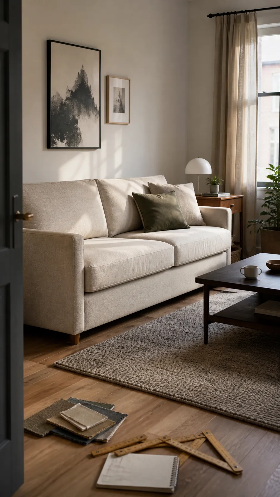 Well-proportioned neutral sofa in a carefully measured living room