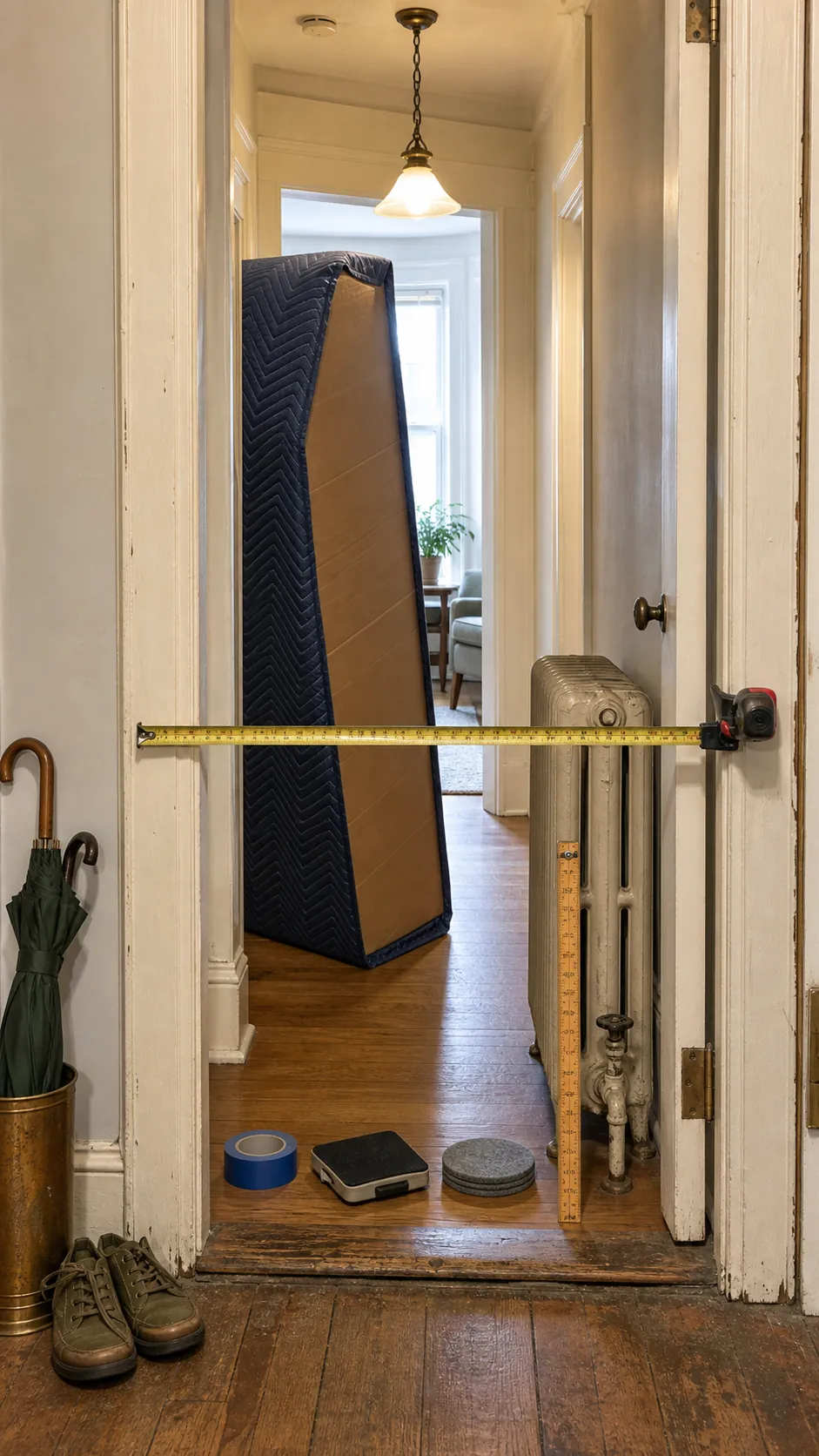 Narrow apartment entry measured for couch delivery clearance