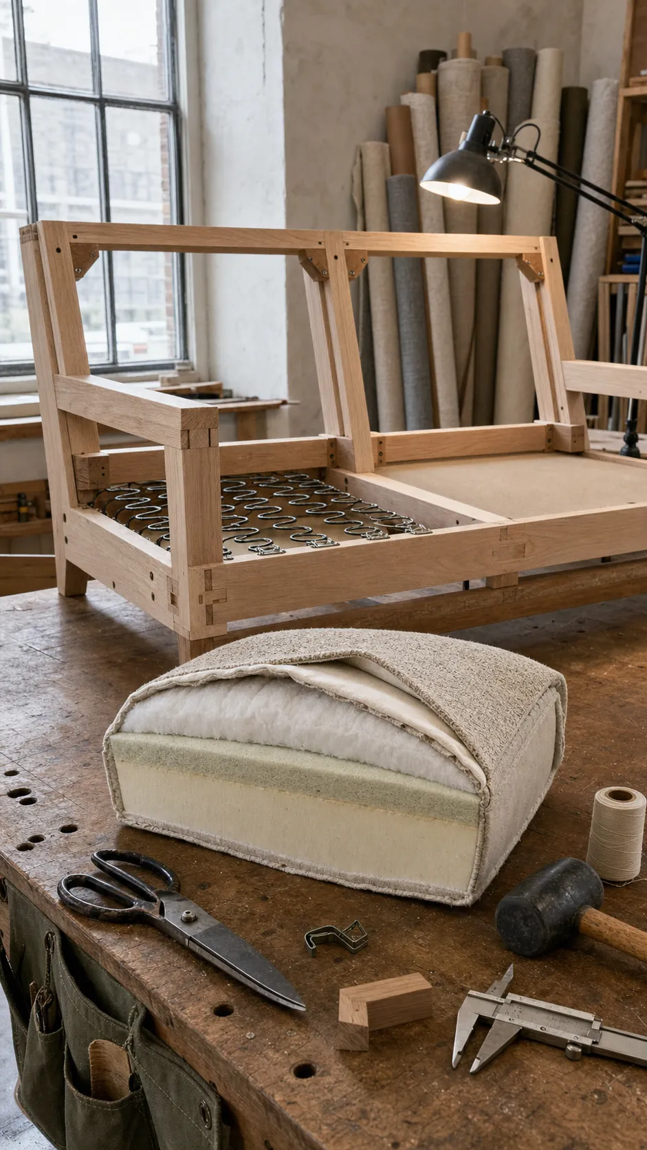 Sofa construction details showing frame suspension and layered cushion