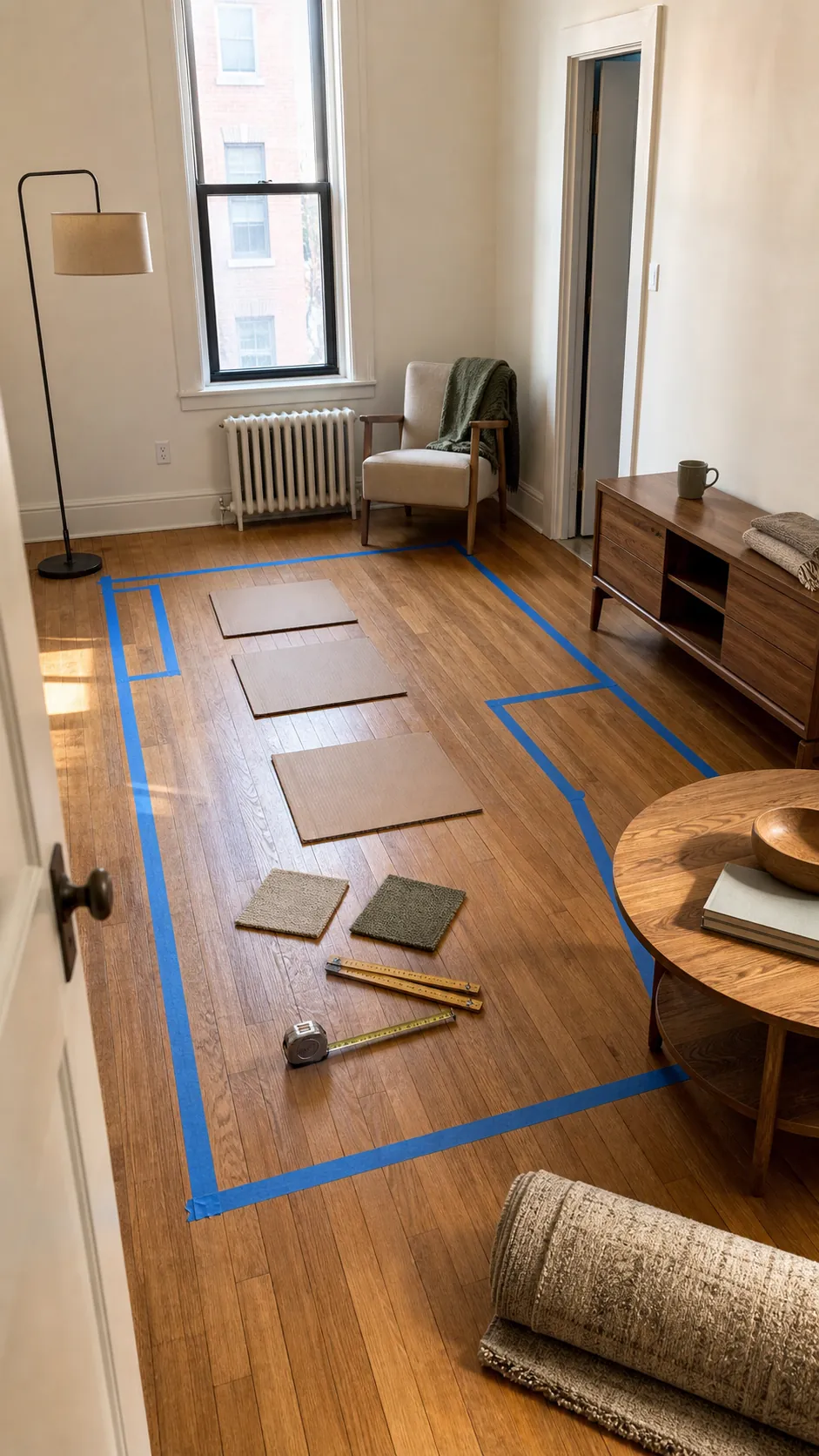 Living room floor marked with tape for an online sofa footprint