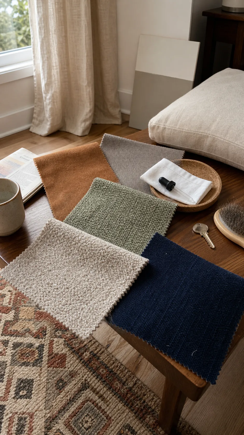 Upholstery swatches tested beside rug wood and wall colors