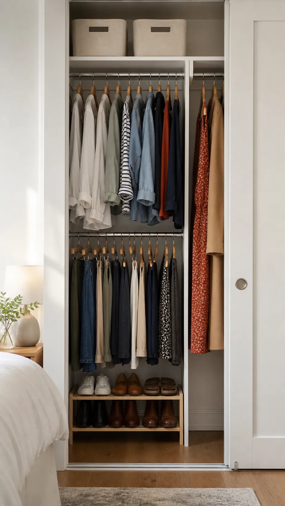 Small reach-in closet with double hanging rods and organized clothing