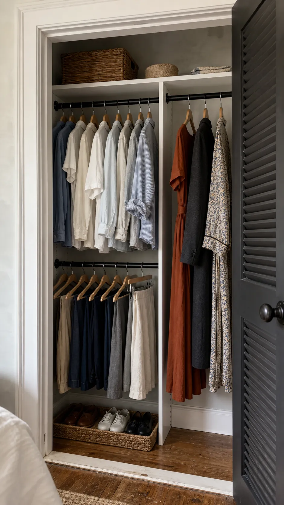 Double-hang closet layout with a dedicated side section for dresses and coats