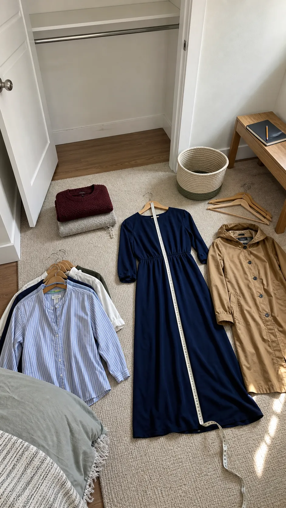 Measuring shirt and dress lengths before installing double closet rods