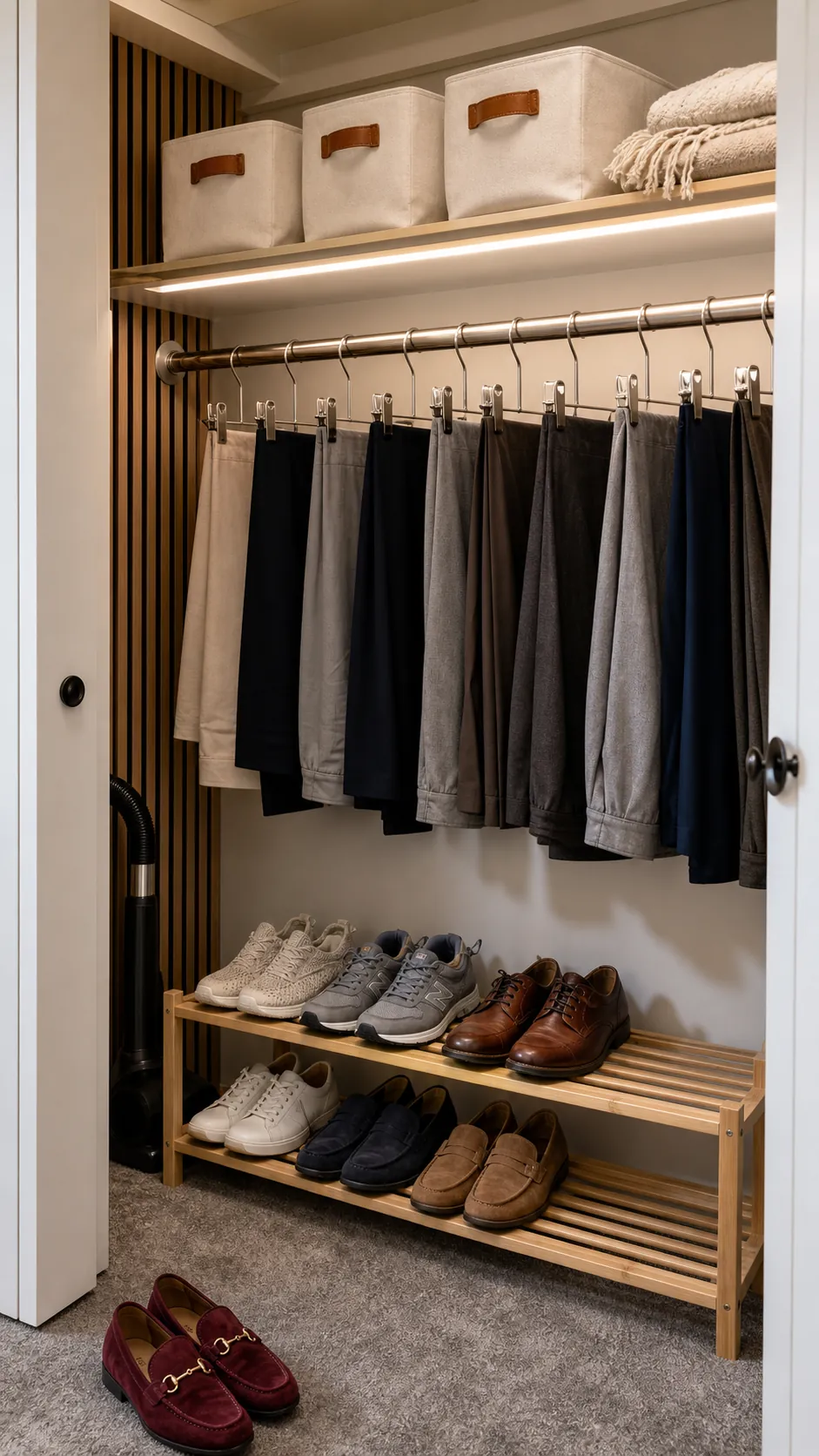 Labeled top shelf bins and low shoe storage supporting a double-hang closet