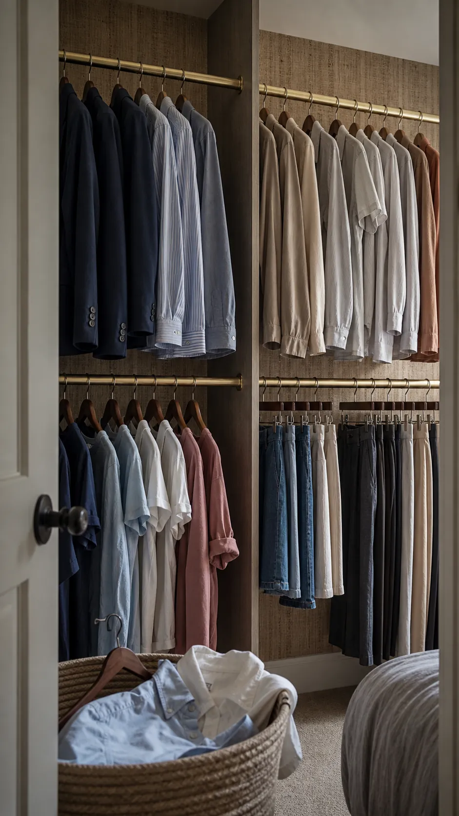 Neatly categorized shirts and trousers on matching hangers in a double-hang closet