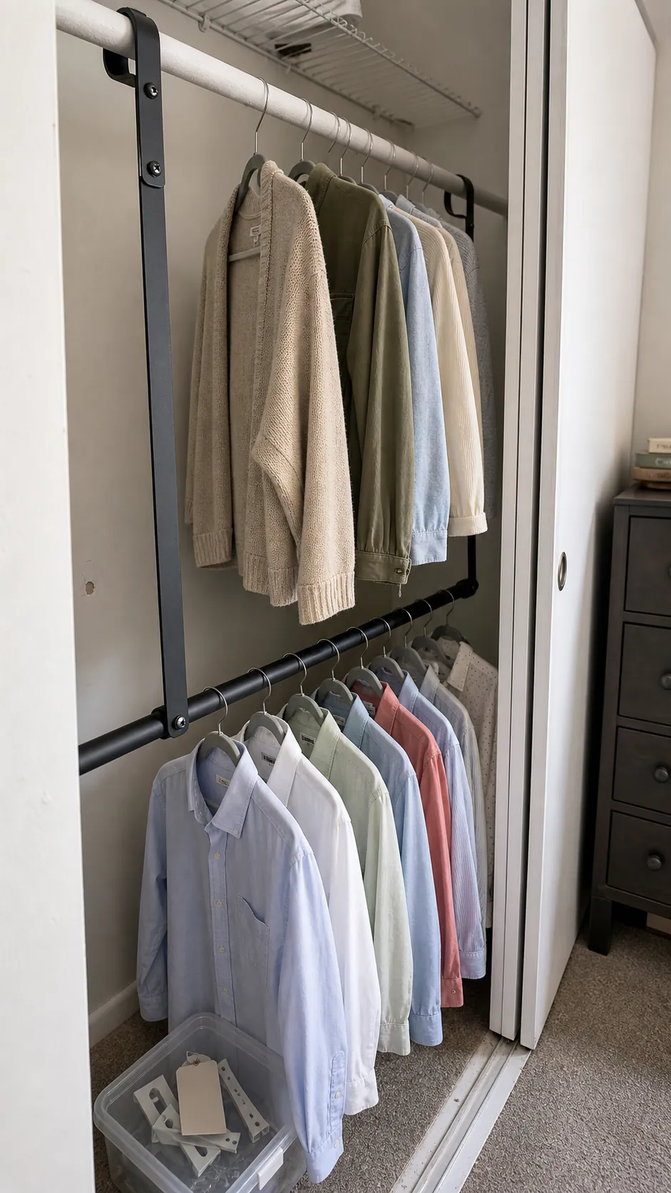 Renter-friendly lower closet rod extender holding lightweight shirts