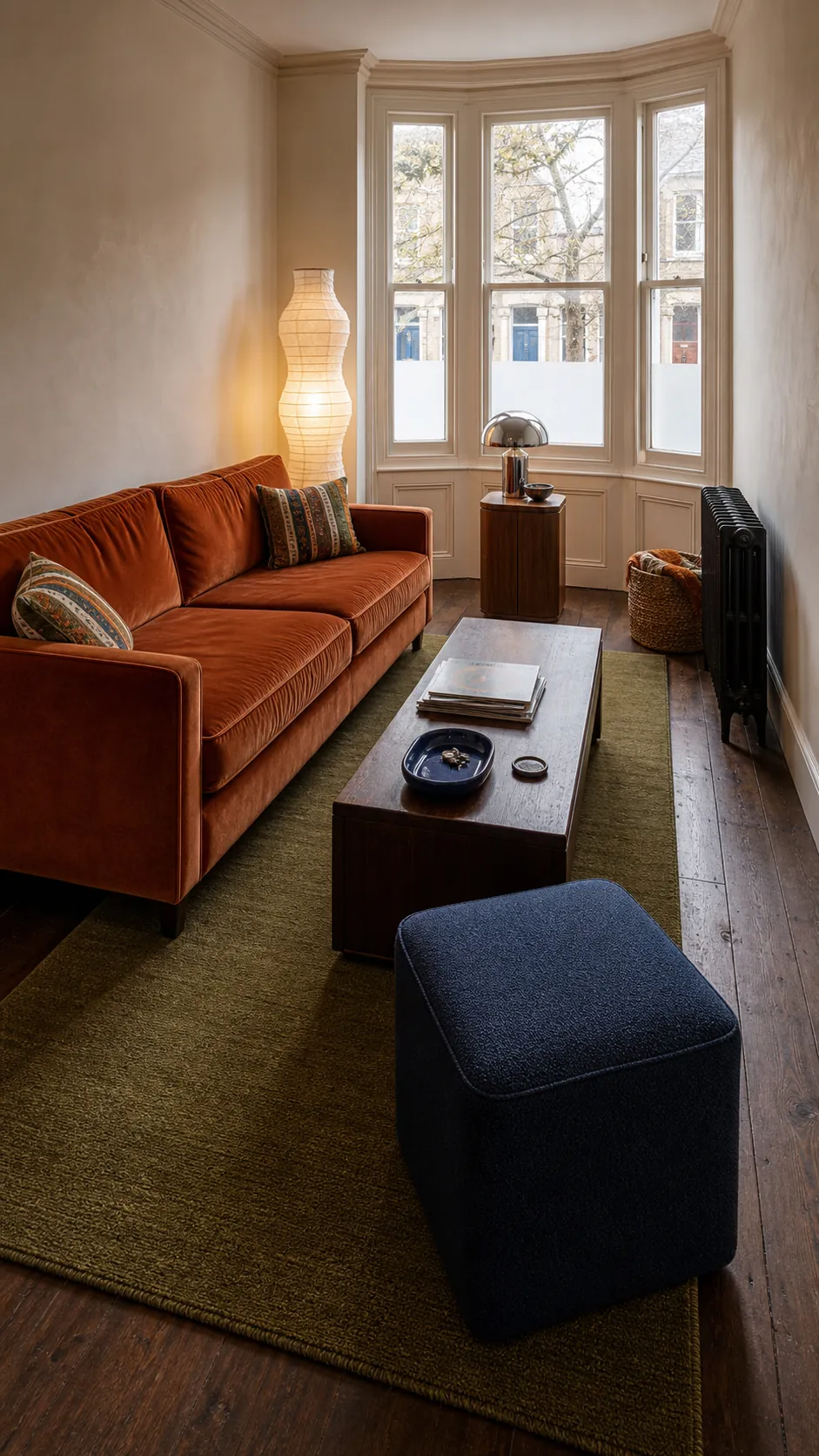 Colorful retro living room combining burnt orange seating, olive textiles, and inky blue accents
