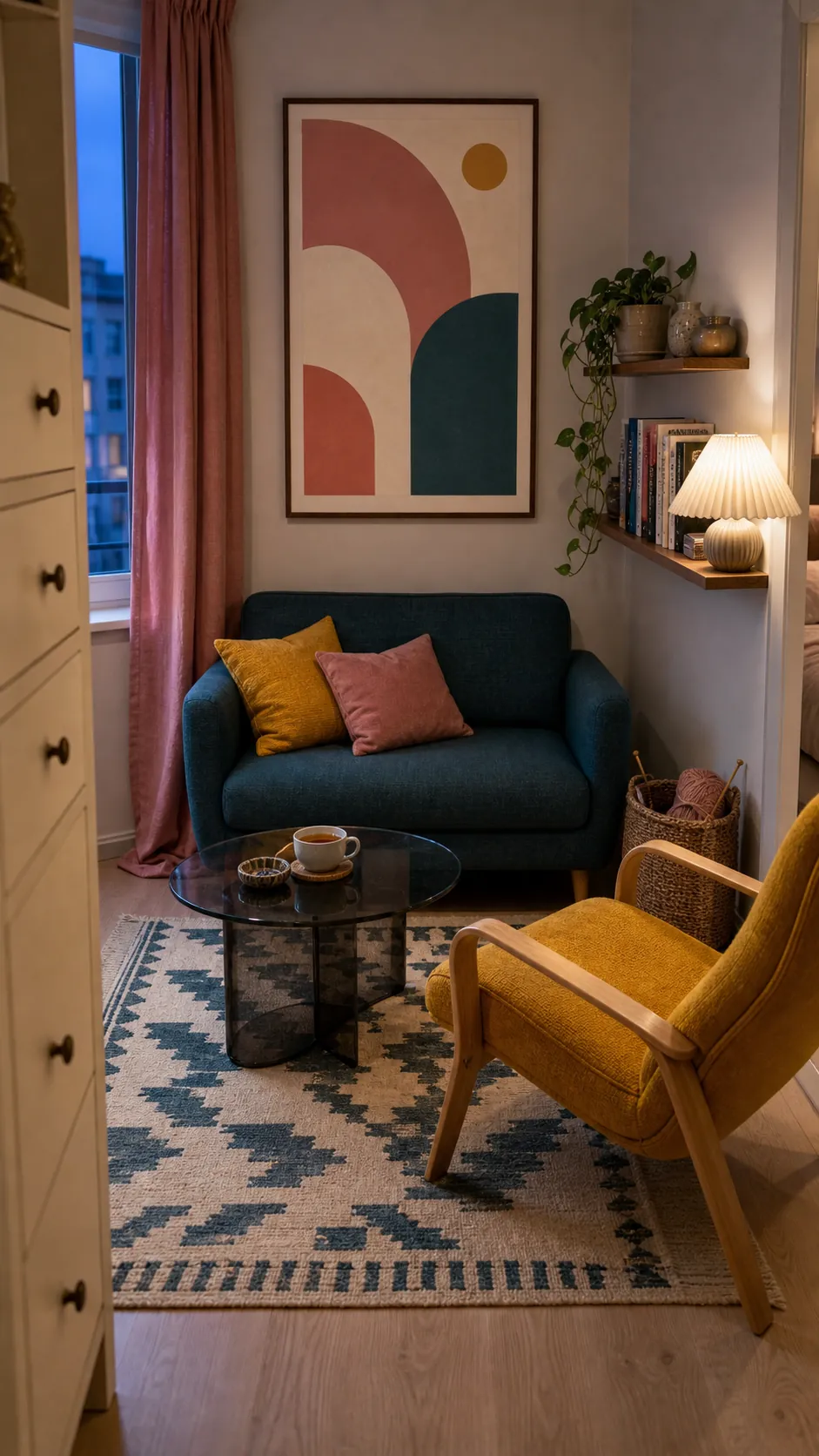 Small vintage living room decorated in mustard yellow, deep teal, and soft rose