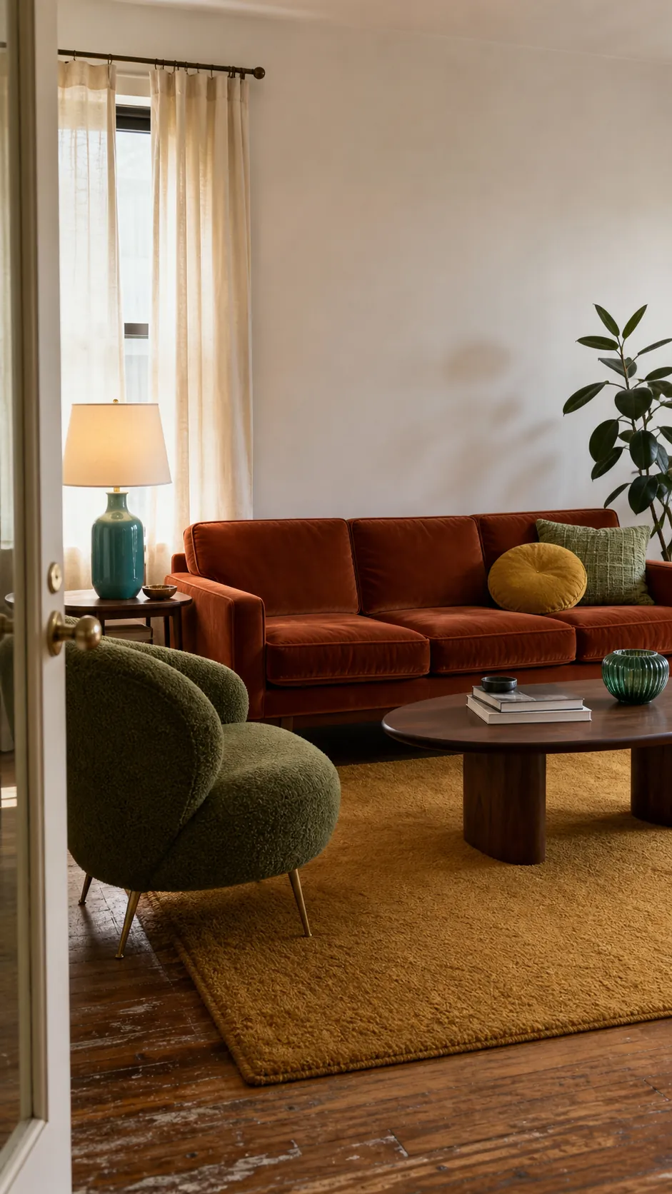 Colorful retro living room with a balanced 1970s-inspired palette